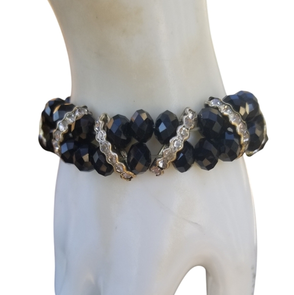 BLACK GLASS BEADED & WHITE GLASS RHINESTONE STRETCH BRACELET - Picture 3 of 6